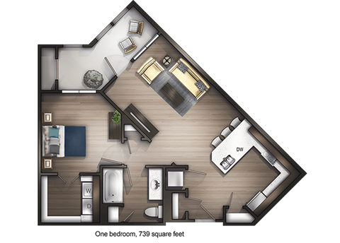 Floor plan for 1 bed, 1 bath, 739 sqft